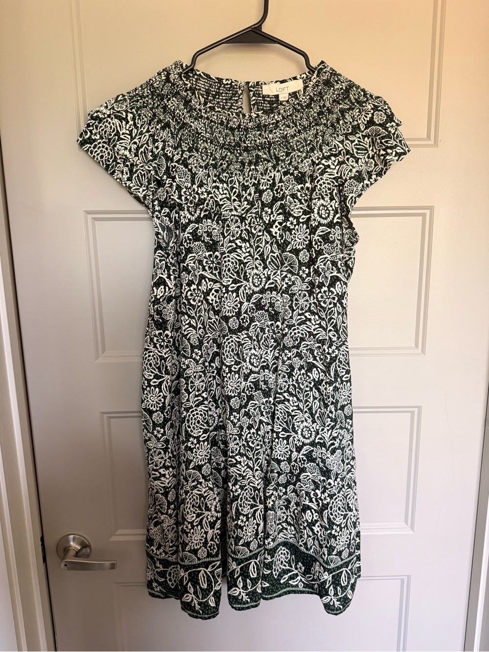 LOFT Green and White Floral Smocked-Neck Midi Dress